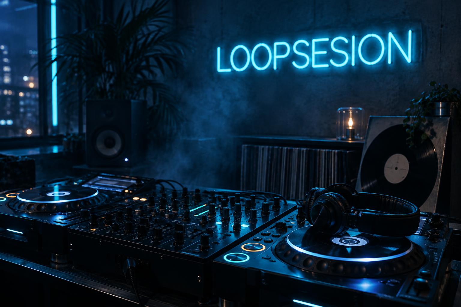 Estudio de LoopSesion: mando de mezclas, cascos y un rótulo de neón con el nombre LoopSesion en azul y cian